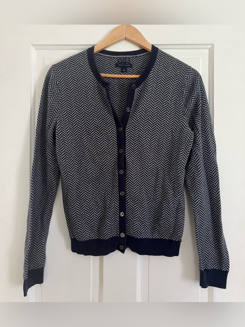 Tommy Hilfiger Women’s Medium Navy Herringbone 100% Pima Cotton Cardigan